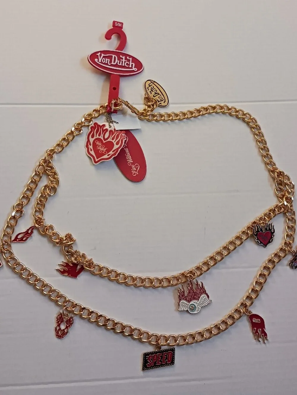 VON DUTCH Double Chain CHARM Belt Gold-tone Enamel Eyeball Flames Size S/M New
